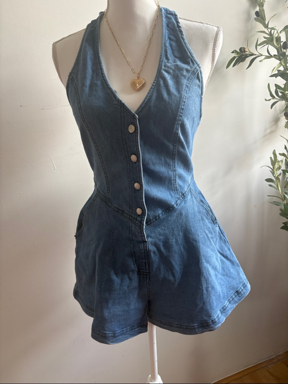 Sleeveless Denim Halter Romper in Medium Blue